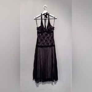Vintage La Belle women Dress XL Black Halter Lace Overlay Drop Waist Y2K Midi